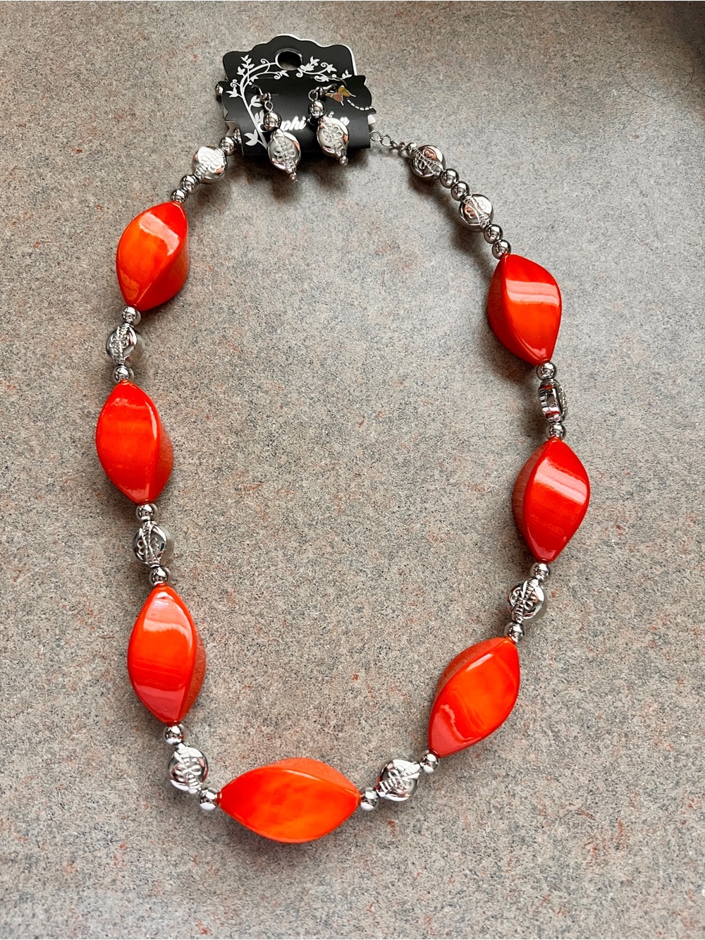 NWT Sophie Ann Orange Beaded Statement Necklace Y2K Women Jewelry Silver Tone